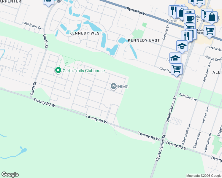 map of restaurants, bars, coffee shops, grocery stores, and more near 44 Cathy Drive in Hamilton