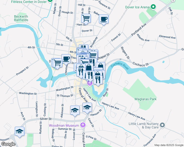 map of restaurants, bars, coffee shops, grocery stores, and more near 42 Main Street in Dover