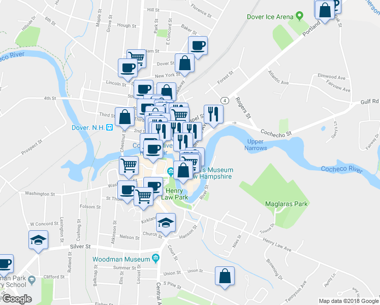 map of restaurants, bars, coffee shops, grocery stores, and more near 4 Portland Avenue in Dover