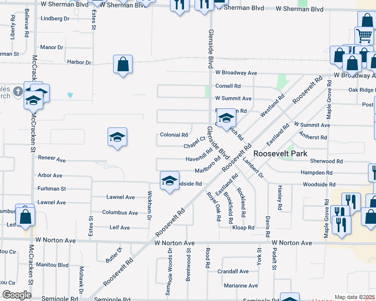 map of restaurants, bars, coffee shops, grocery stores, and more near 1460 Chapel Road in Muskegon