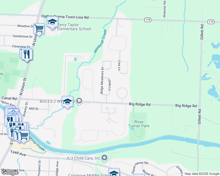map of restaurants, bars, coffee shops, grocery stores, and more near Linda Lane in Spencerport