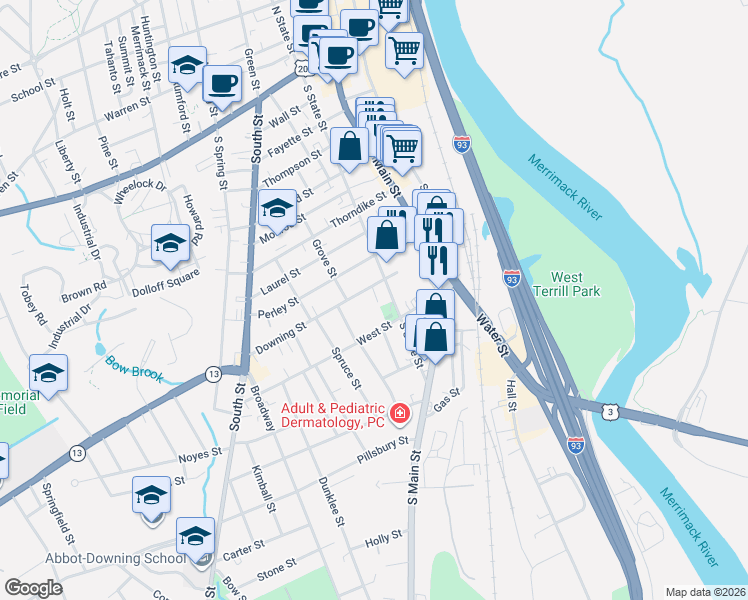 map of restaurants, bars, coffee shops, grocery stores, and more near 86 South State Street in Concord