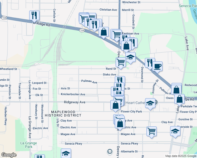 map of restaurants, bars, coffee shops, grocery stores, and more near 107 Steko Avenue in Rochester