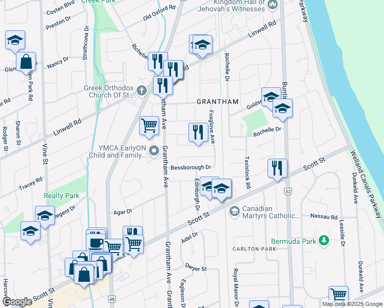 map of restaurants, bars, coffee shops, grocery stores, and more near 15 Appleby Drive in St. Catharines