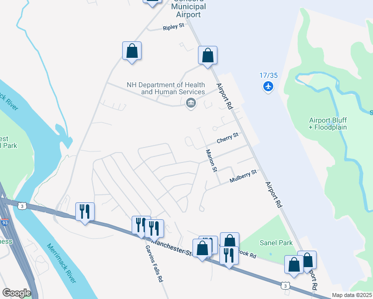 map of restaurants, bars, coffee shops, grocery stores, and more near 30 Cherry Street in Concord