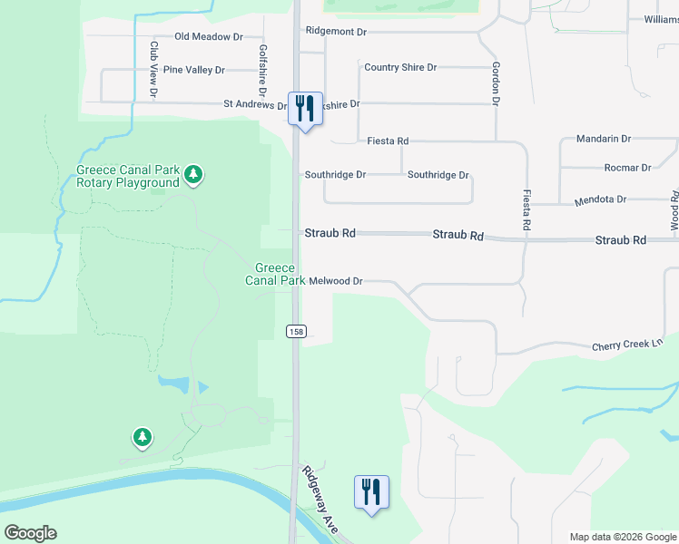 map of restaurants, bars, coffee shops, grocery stores, and more near 56 Melwood Drive in Rochester