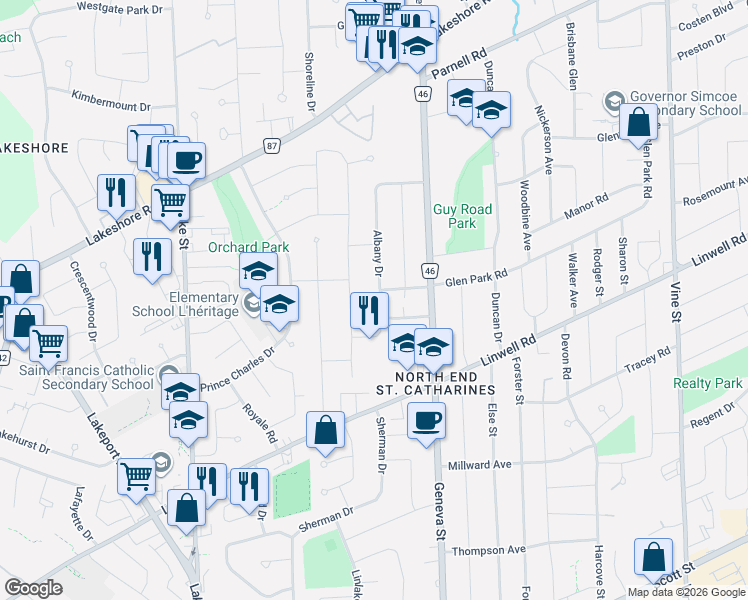 map of restaurants, bars, coffee shops, grocery stores, and more near in St. Catharines