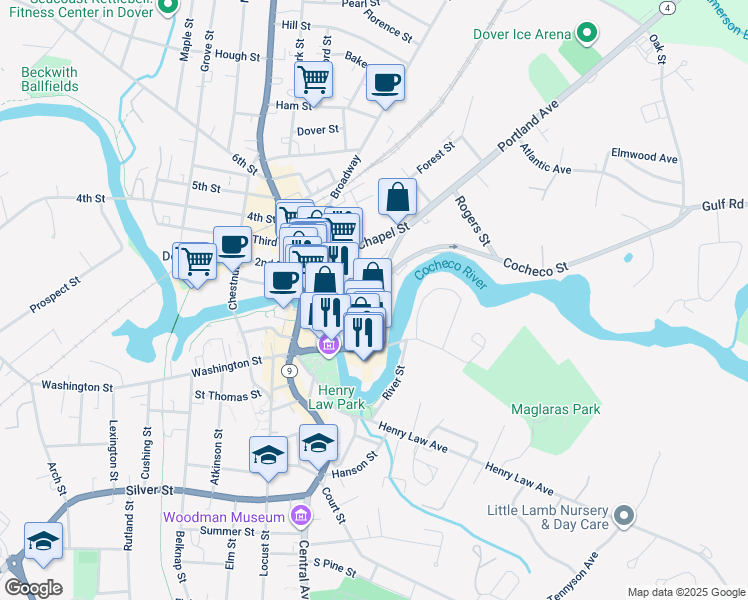 map of restaurants, bars, coffee shops, grocery stores, and more near 33 Portland Avenue in Dover