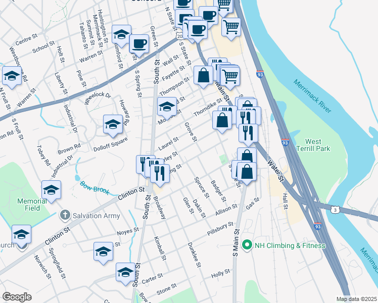map of restaurants, bars, coffee shops, grocery stores, and more near 42 Perley Street in Concord