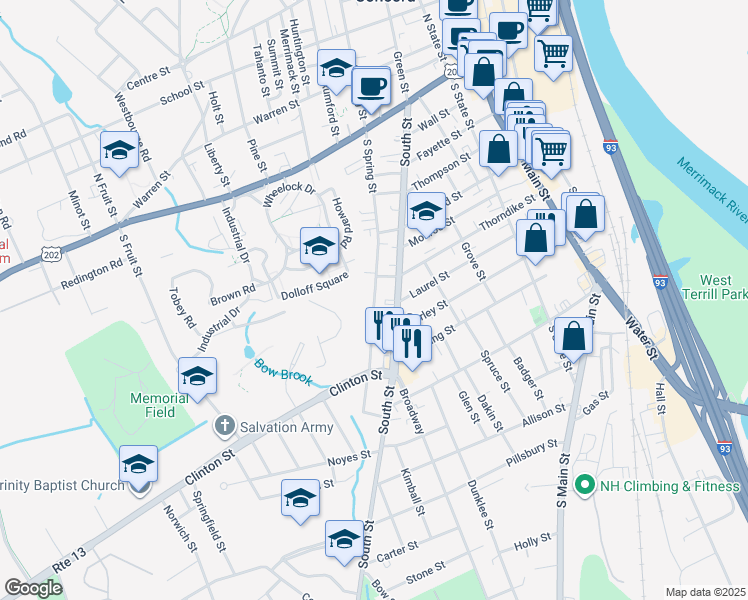 map of restaurants, bars, coffee shops, grocery stores, and more near 38 South Spring Street in Concord