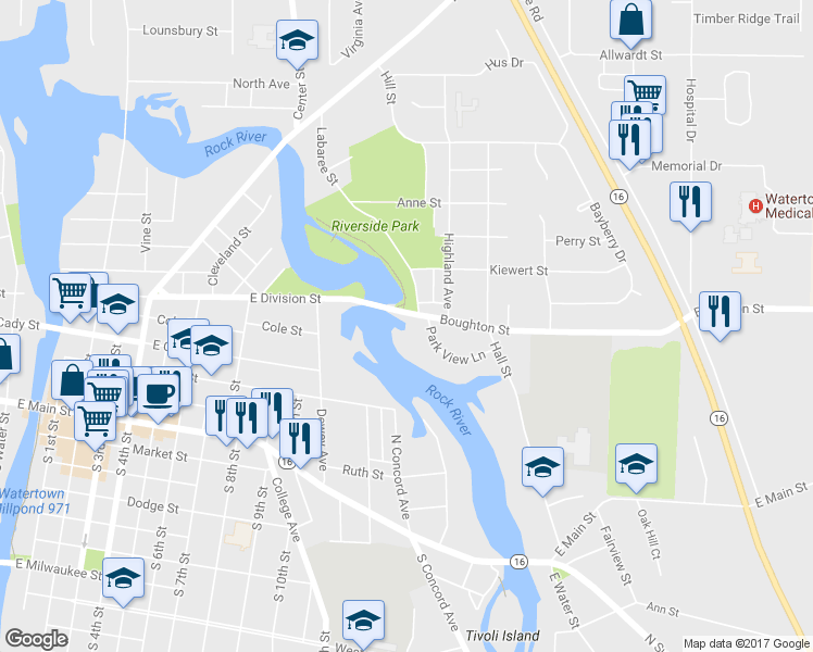 map of restaurants, bars, coffee shops, grocery stores, and more near 1 Park View Lane in Watertown