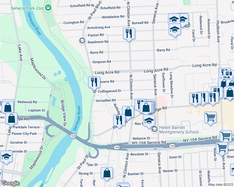 map of restaurants, bars, coffee shops, grocery stores, and more near 105 Collingwood Drive in Rochester