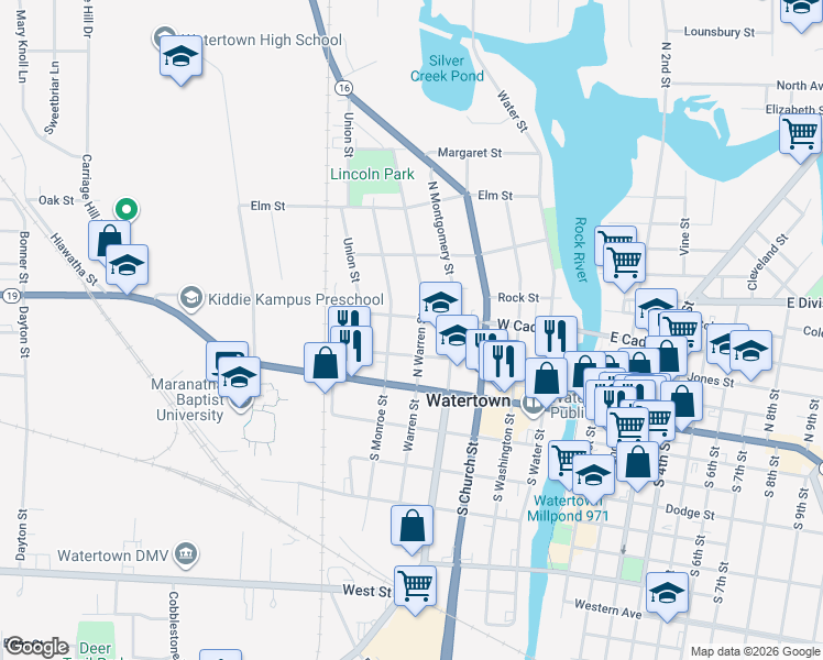 map of restaurants, bars, coffee shops, grocery stores, and more near 218 North Warren Street in Watertown