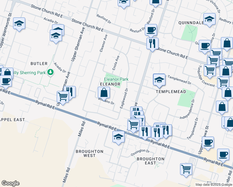map of restaurants, bars, coffee shops, grocery stores, and more near 95 Erika Crescent in Hamilton