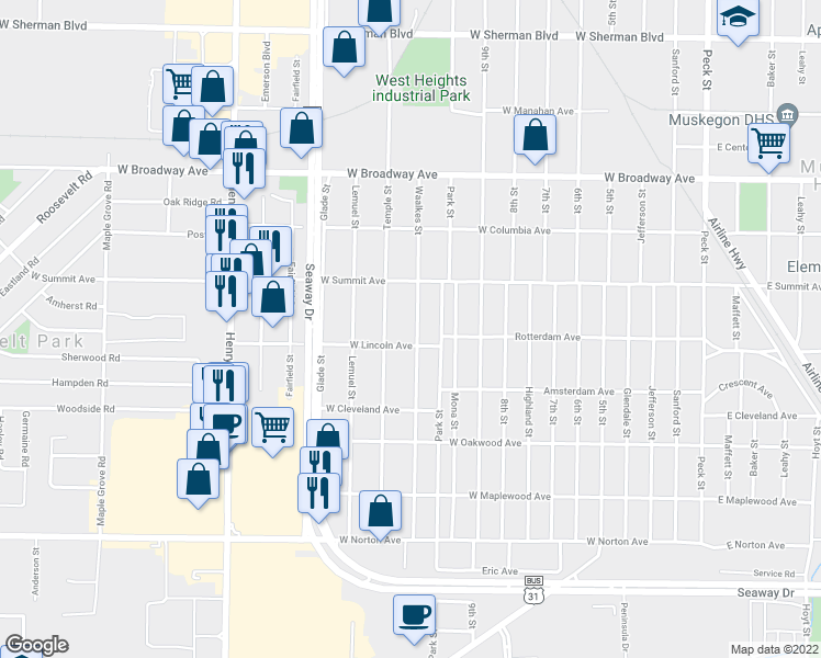 map of restaurants, bars, coffee shops, grocery stores, and more near 3037 Waalkes Street in Muskegon Heights