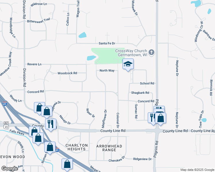 map of restaurants, bars, coffee shops, grocery stores, and more near W162N9846 Mayflower Drive in Germantown