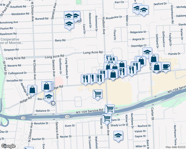 map of restaurants, bars, coffee shops, grocery stores, and more near 28 Hill Court Circle in Rochester