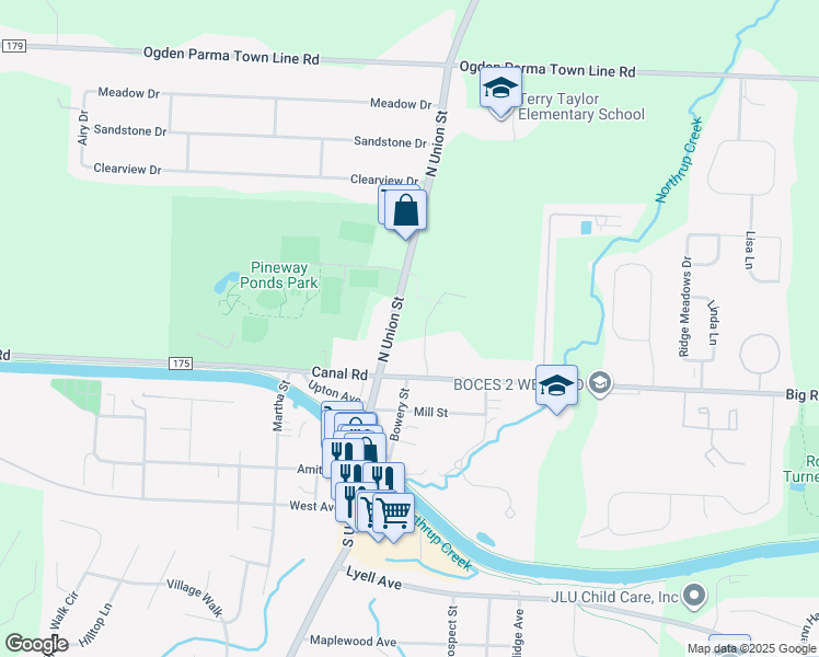 map of restaurants, bars, coffee shops, grocery stores, and more near 2257 North Union Street in Spencerport