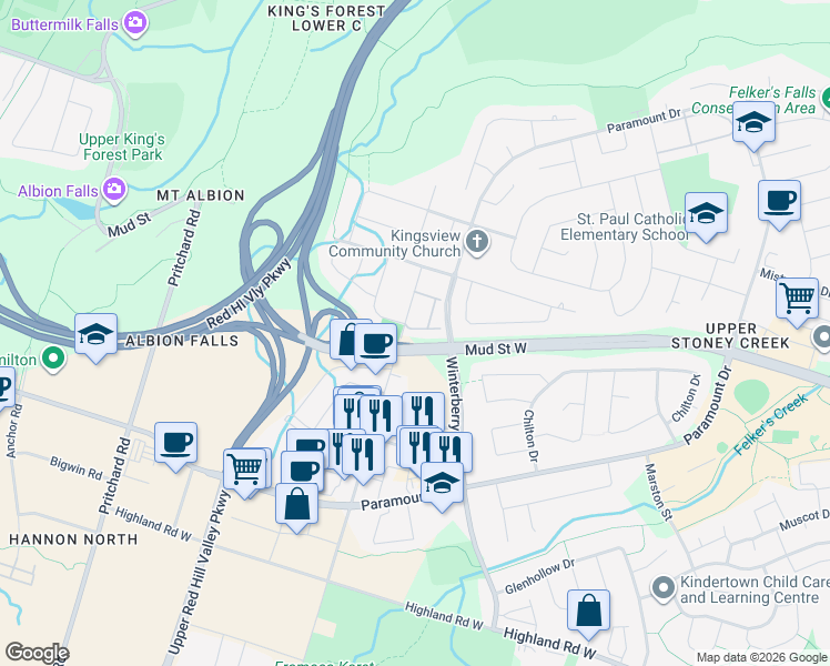 map of restaurants, bars, coffee shops, grocery stores, and more near 242 Upper Mount Albion Road in Hamilton