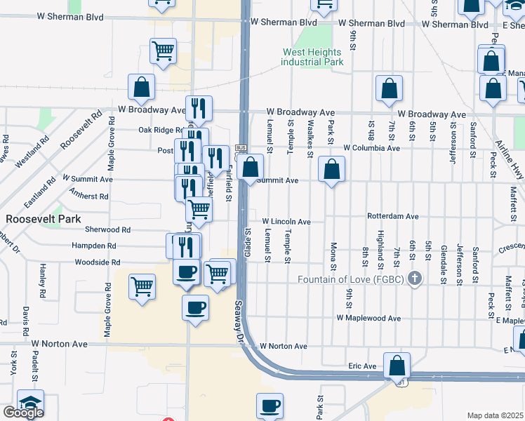 map of restaurants, bars, coffee shops, grocery stores, and more near 3031 Lemuel Street in Muskegon Heights
