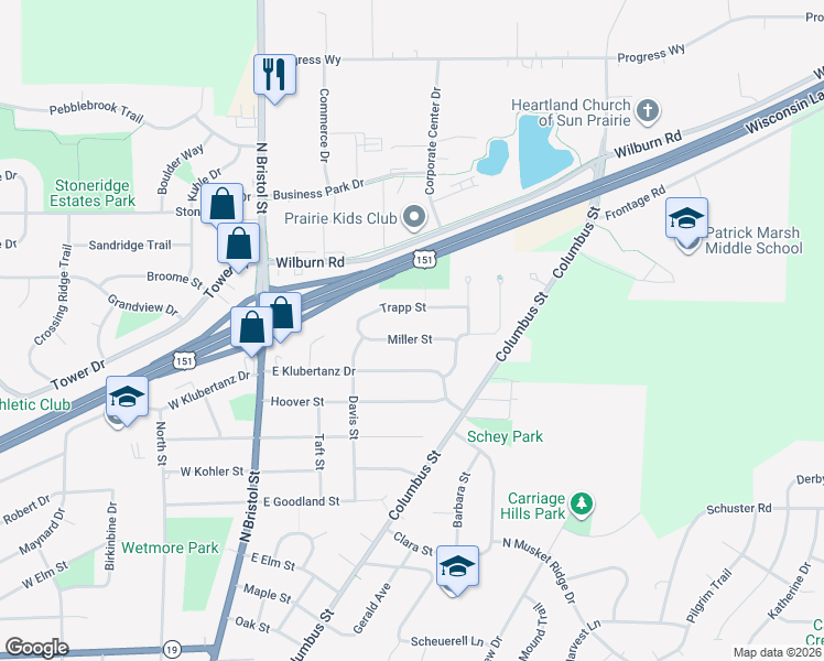 map of restaurants, bars, coffee shops, grocery stores, and more near 352 Miller Street in Sun Prairie