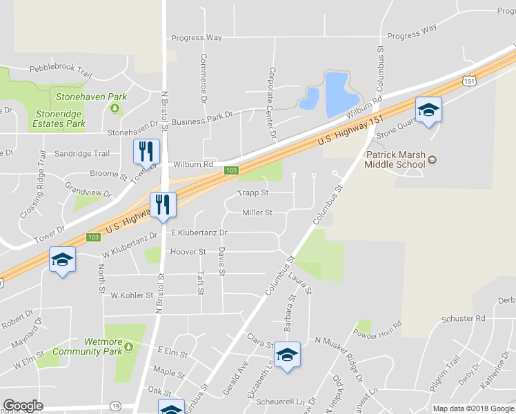 map of restaurants, bars, coffee shops, grocery stores, and more near 352 Miller Street in Sun Prairie