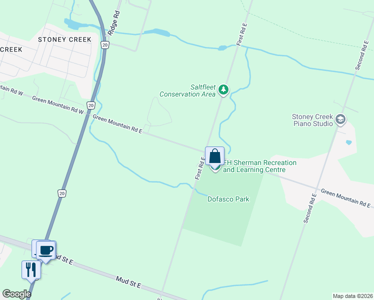 map of restaurants, bars, coffee shops, grocery stores, and more near 106 Green Mountain Road East in Hamilton