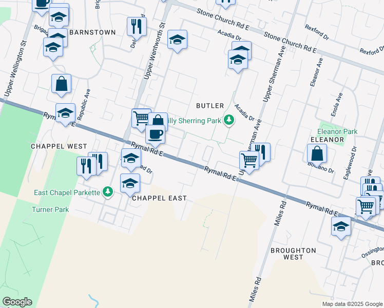 map of restaurants, bars, coffee shops, grocery stores, and more near 565 Rymal Road East in Hamilton
