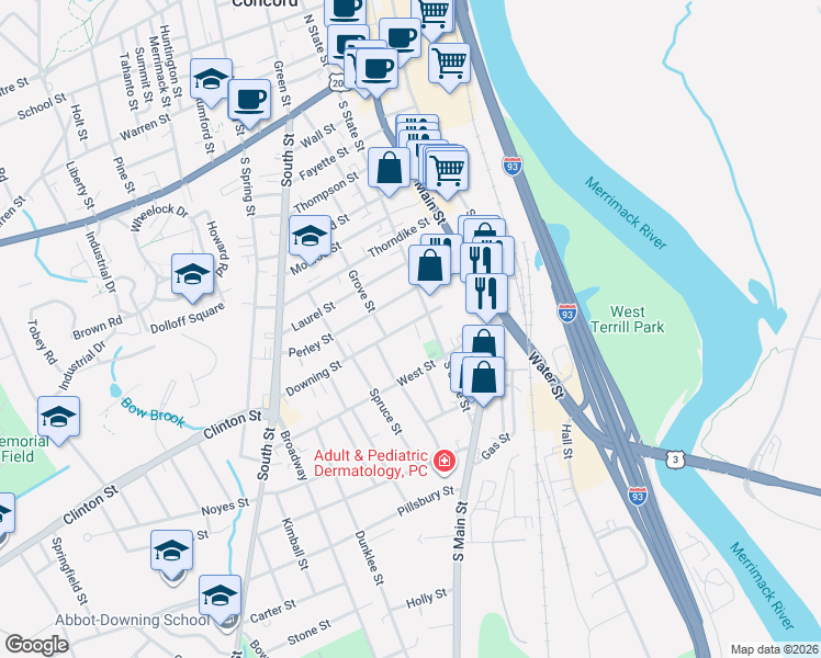 map of restaurants, bars, coffee shops, grocery stores, and more near 86 South State Street in Concord