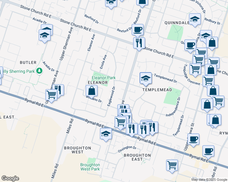 map of restaurants, bars, coffee shops, grocery stores, and more near 415 Eaglewood Drive in Hamilton