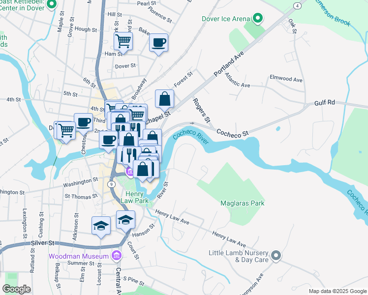map of restaurants, bars, coffee shops, grocery stores, and more near 31 River Street in Dover