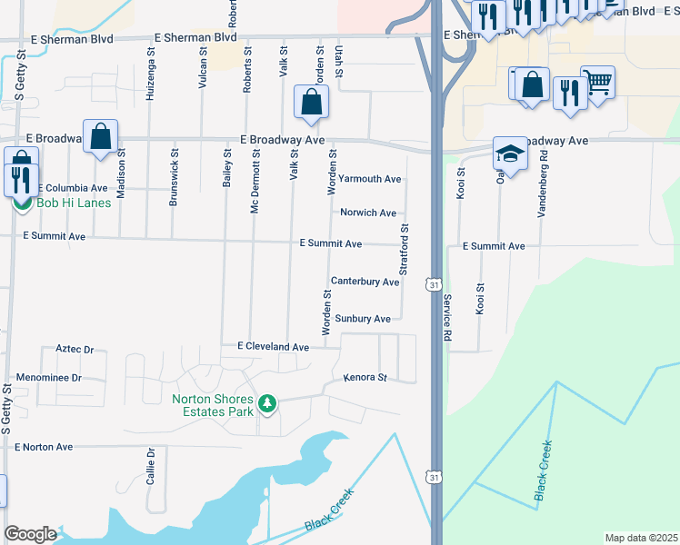 map of restaurants, bars, coffee shops, grocery stores, and more near 1420 Canterbury Avenue in Norton Shores
