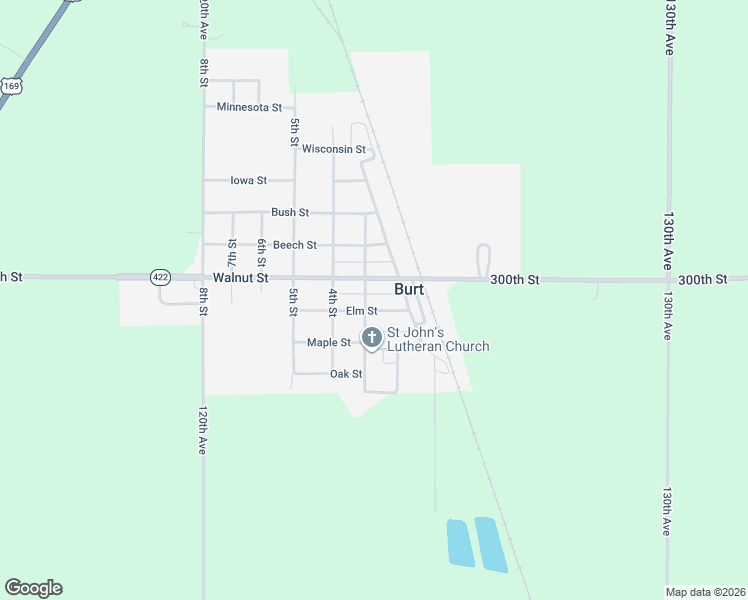 map of restaurants, bars, coffee shops, grocery stores, and more near 300-350 Grand Avenue in Burt