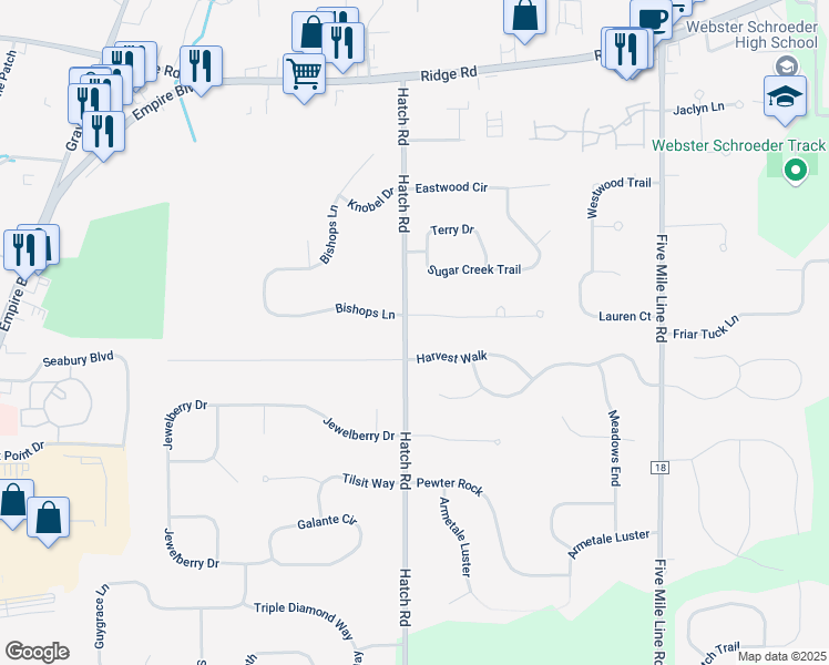 map of restaurants, bars, coffee shops, grocery stores, and more near 1156 Hatch Road in Webster