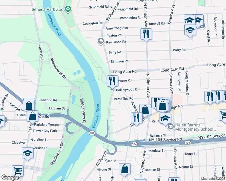 map of restaurants, bars, coffee shops, grocery stores, and more near 2222 Saint Paul Street in Rochester