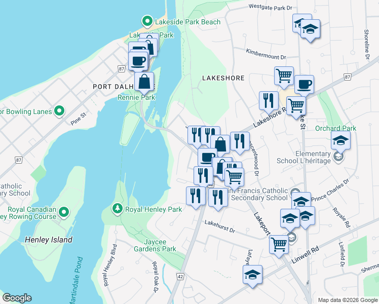 map of restaurants, bars, coffee shops, grocery stores, and more near 96 Lakeport Road in St. Catharines