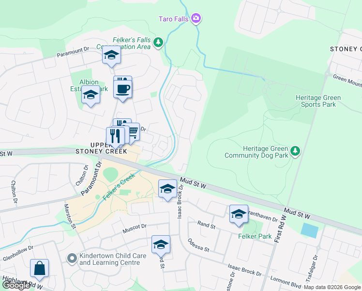 map of restaurants, bars, coffee shops, grocery stores, and more near Westbank Trail in Hamilton