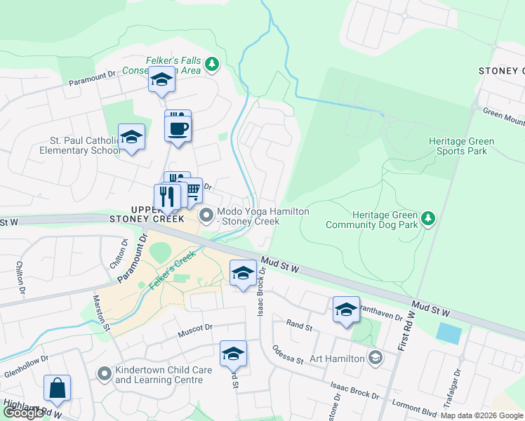 map of restaurants, bars, coffee shops, grocery stores, and more near Westbank Trail in Hamilton