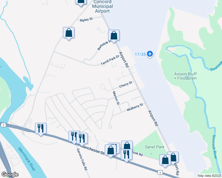 map of restaurants, bars, coffee shops, grocery stores, and more near 20 Cherry Street in Concord