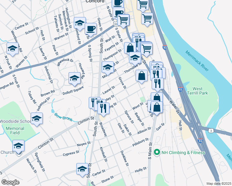 map of restaurants, bars, coffee shops, grocery stores, and more near 42 Perley Street in Concord