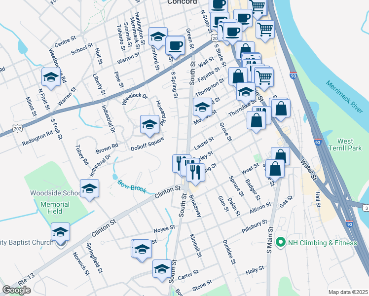 map of restaurants, bars, coffee shops, grocery stores, and more near 60 South Street in Concord