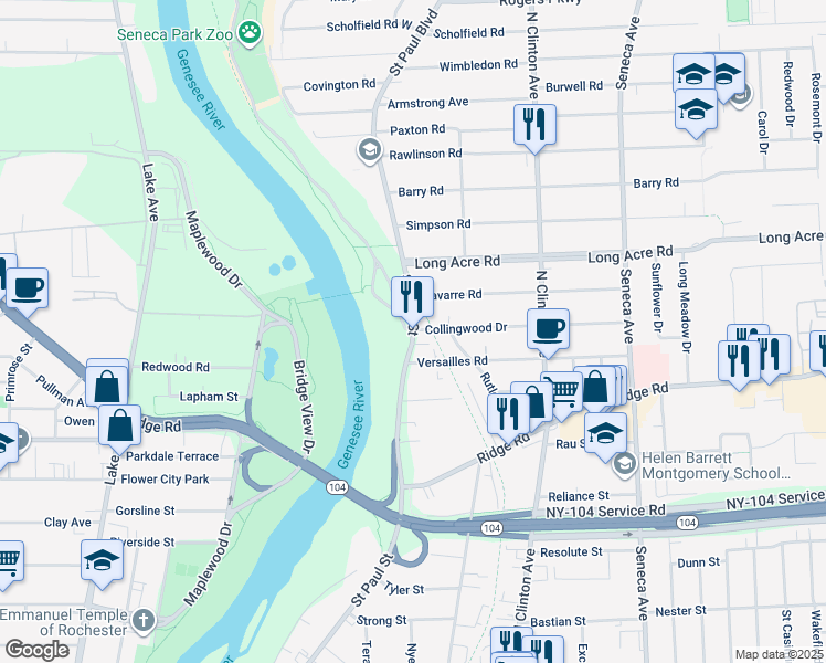 map of restaurants, bars, coffee shops, grocery stores, and more near in Rochester