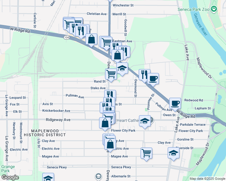 map of restaurants, bars, coffee shops, grocery stores, and more near 1630 Dewey Avenue in Rochester