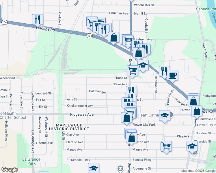 map of restaurants, bars, coffee shops, grocery stores, and more near 107 Steko Avenue in Rochester