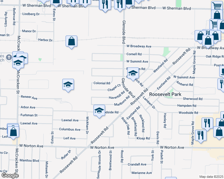 map of restaurants, bars, coffee shops, grocery stores, and more near 1460 Chapel Road in Muskegon