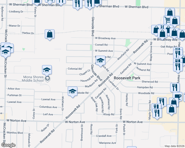 map of restaurants, bars, coffee shops, grocery stores, and more near 1402 Haverhill Road in Muskegon