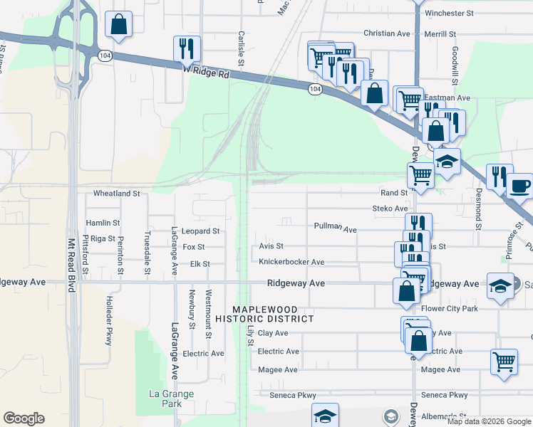 map of restaurants, bars, coffee shops, grocery stores, and more near 303 Steko Avenue in Rochester