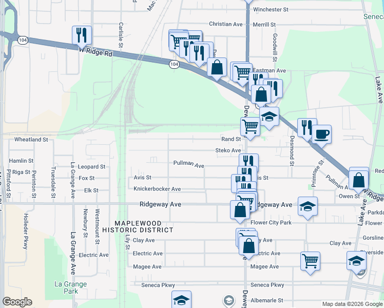 map of restaurants, bars, coffee shops, grocery stores, and more near 143 Steko Avenue in Rochester