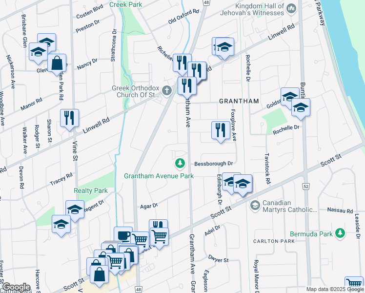 map of restaurants, bars, coffee shops, grocery stores, and more near 92 Monarch Park Drive in Saint Catharines
