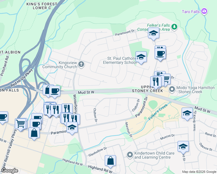 map of restaurants, bars, coffee shops, grocery stores, and more near 337 Old Mud Street in Hamilton